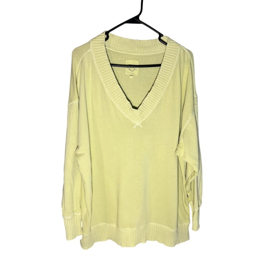 Aerie‎ Women's V Neck Long Sleeve Oversized Distressed Sweatshirt Pale Yellow XS